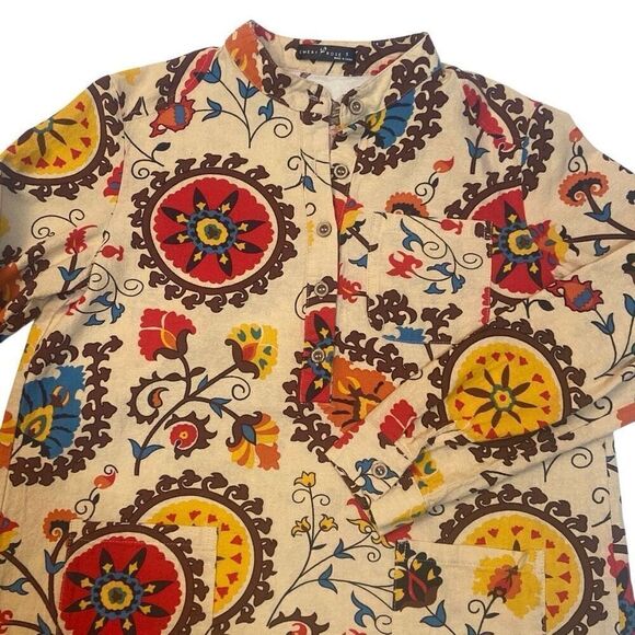 Emery Rose Tan Colorful Floral Boho Bohemian Long Sleeve Tunic Women Size Small - Picture 4 of 12
